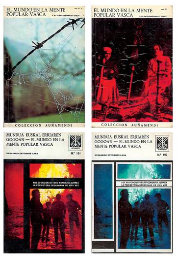 �Mundua Euskal Erriaren gogoan� aldizkariaren azalak. Goikoak Jose Migel Barandiaranenak dira, eta behekoak Bernardo Estornes Lasarenak. Au�amendi argitaletxeak eman zituen argitara 1972-1975 bitartean.<br><br>